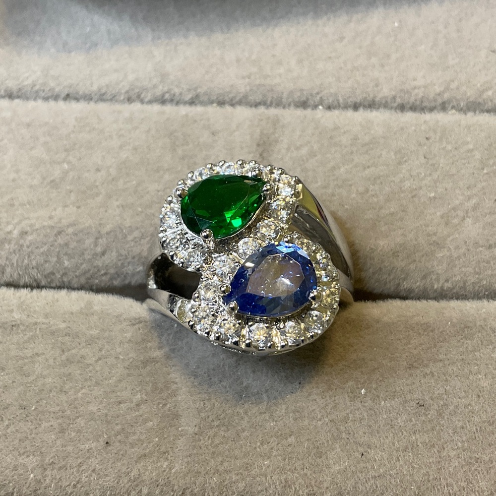 Elegant Sterling Silver Ring with Green and Blue Stones
